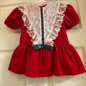 Rare Vintage 1980s Kalula Kids Red Velvet & White Lace Pristine Holiday Dress